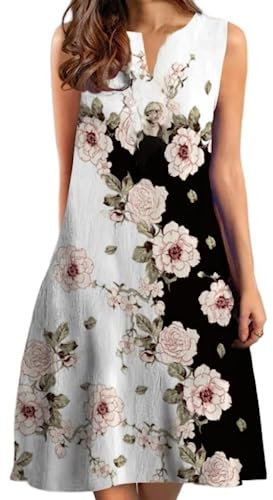 Ocean Plus Femme Robe d'été Mi-Longue Décontractée Col en V sans Manches Grande Taille (XXL, Fleurs Rose pâle)