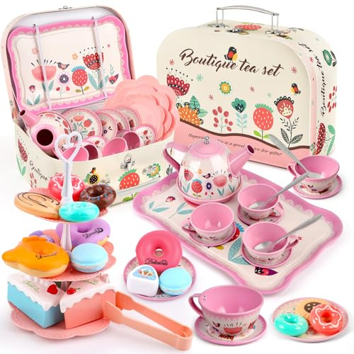 Tea Party Set for Little Girls, Flower Tea Sets Toys for Toddlers Girls Age 3 4 5 6 Year Old, Toddler Kids Kitchen Pretend Play Toys