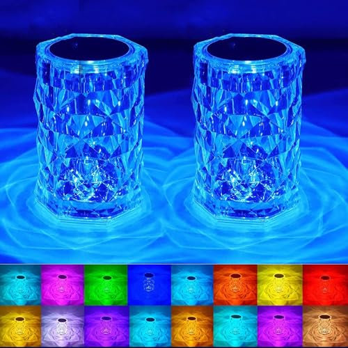 YeahBoom 2 lámparas LED de mesa de cristal, 2000 mAh, 16 colores con control táctil, lámpara de mesita de noche, táctil, regulable, con mando a distancia, cambio de color RGB, luz nocturna para