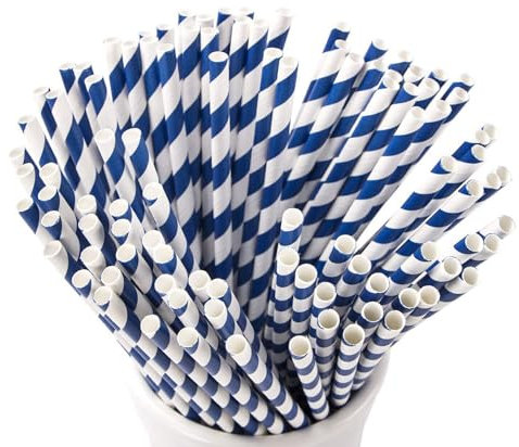 Lot de 100 pailles en papier biodégradables et recyclables pour anniversaire, mariage, Noël, rayures bleues et blanches