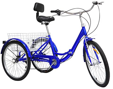 Brride Dreirad für Erwachsene 24 Zoll 3 Räder 7 Gang Cityräder mit Rückenlehne und Shopping Korb Faltbares Fahrrad Dreiräder Blau,Tricycle Outdoor Sports City Tricycle für Einkaufen, Touristik