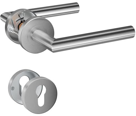 HENYIN 1 lot de poignées de porte à levier en acier inoxydable avec écusson à trou cylindrique, poignée de serrure de porte à mortaise, couleur argent (SO2-103C)