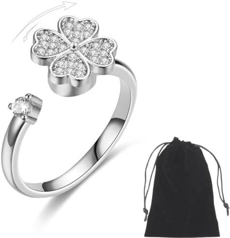INGJIA Fidget Ringe, Silber Offen Verstellbar Spinner Ringe, Damen Anti Stress Ringe, Zirkonia Ringe, Verstellbare Stapelbare für Stress Abbauen