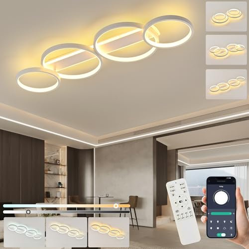 KUKAK LED Deckenlampe,Einstellbar Ringform Wohnzimmerlampe 4 Flammig mit unteres Glühen,60W Dimmbar Mit Fernbedienung Deckenleuchte,3000K-6000K Kronleuchter für Schlafzimmer Wohnzimmer Büro,weiß 86cm