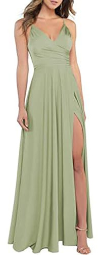 xxxiticat Vestido de mujer con cuello en V, tirantes delgados, vestido largo de satén, línea A, vestido de dama de honor, vestido de noche formal de satén, vestido de noche con abertura