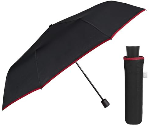 PERLETTI Schwarzer Regenschirm Herren mit Manueller Öffnung - Schwarzer Taschenschirm Sturmfest Kompakt Windsicher - Einfarbiger Herrenschirm Schirm Jungen - Durchmesser 97 cm (Schwarz mit Rotem Rand)