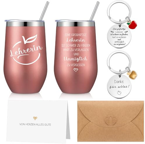 Blulu 4 Sets Cadeaux de Remerciement pour Enseignants 16 oz Tasse Thermiques en Acier Inoxydable Porte-Clés avec Pendentif Carte de Remerciement Enveloppe pour Merci Adieu(Style Pomme)