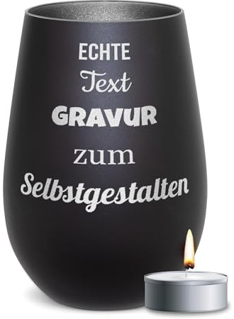 PR Print Royal Schwarzes Windlicht mit Gravur - mit Name oder Text - Glas mit Gravur selbst gestalten, Geschenk zum Geburtstag, Weihnachten | inkl. Teelicht & persönlicher Gravur, 450 ml, Innen Silber