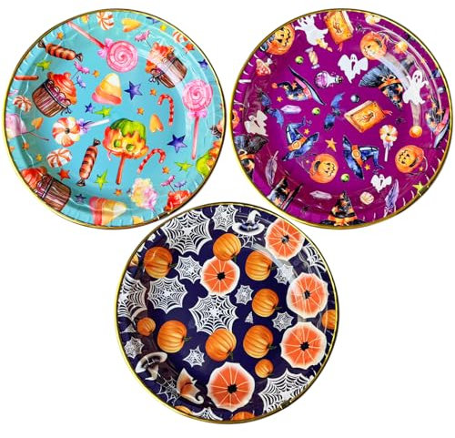 KEELYY 3Pz Piatti Halloween Riutilizzabili, 22cm Ø Piatto Decorativi con Motivi di Halloween, Ciotola da Snack per Halloween, Festa a Tema