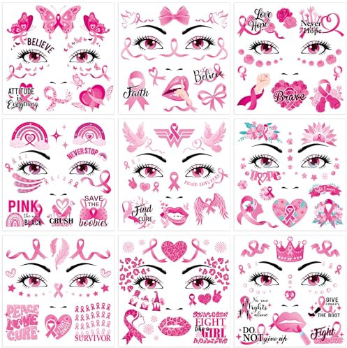 HOWAF Ruban Rose Cancer du Sein Octobre Rose - Accessoires Tatouage Éphémère du Visage pour Femme - Décoration Goodies
