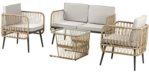 Outsunny Ensemble Salon de Jardin 4 pièces canapé 2 Places + 2 fauteuils + 1 Table Basse Plateau Verre trempé 8 Coussins - résine tressée et métal - Beige