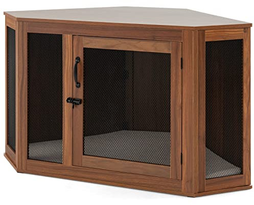 GYMAX Gabbia per Animali Domestici, Cuccia d'Angolo per Cani e Gatti con Cuscino e Porta Bloccabile, Mobile Gabbia per Animali 2-in-1, per Casa, Appartamento, Negozio di Animali