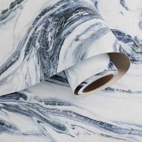 VaryPaper White Navy Blue Marble Effect Self Adhesive Vinyl Wallpaper 40cmx200cm Matte Marble Contact Paper for Kitchen Countertops Sticky Back Plastic Vinyl Wrap for Furniture Adhesive Table Cover