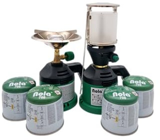Camping Set, Campingkocher + Lampe + 4 x Stechgaskartuschen, Campinggas, Outdoor, Camping, Outdooraktivitäten, Campinglampe, Gaskocher, Gaslampe NOLA
