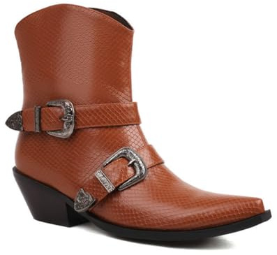 HXTYXCQ Donna Tacco Medio A Blocco Stivali con Fibbia Punta Appuntita Pelle Stivali da Cowgirl Western Tirare su Stivali da Cowboy A Polpaccio Largo,Marrone,37 EU