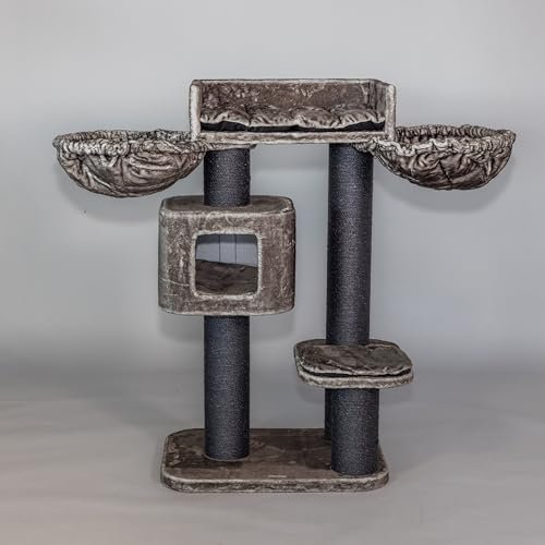 Arbres à Chat RHRQuality pour Grands Chats - Devon Rex Plus - 120 cm de Haut - avec poteaux en sisal de 15 cm et Maison de Jeu - Blackline Taupe