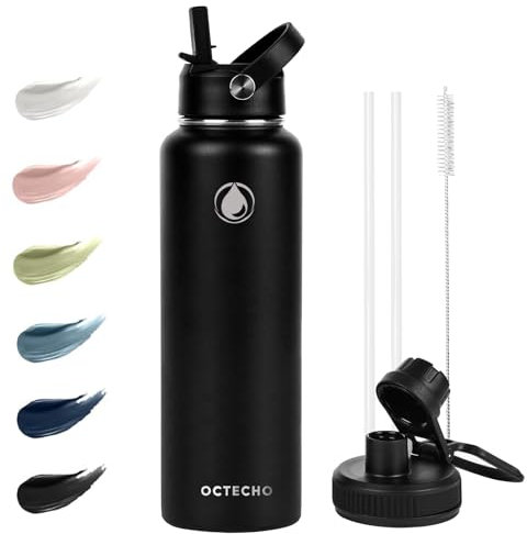 OcTecho Metal Water Bottle with Straw, 1200ml Stainless Steel Water Bottle 2 Leakproof Lids, BPA Free Double Walled Vacuum Insulated Water Bottles Thermal for 12h Hot & 24h Cold,for Man,Woman-Black