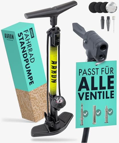 AARON Sport One Fahrrad Standpumpe mit Manometer für alle Ventile | Hochdruck Fahrradpumpe inkl. Ball Aufsatz | Luftpumpe für E-Bike, Mountainbike, Rennrad UVM. Gelb