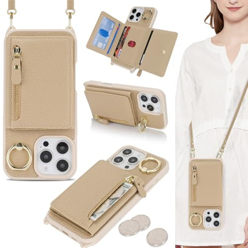 ELTEKER Handyhülle für iPhone 16 Pro Max Hülle mit Band Kartenfach Ringhalterung Geldbörse,Leder Klapphülle Umhängetasche Handytasche für iPhone 16 Pro Max - beige