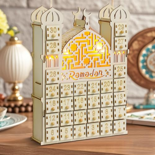 Ramadan Deko Adventskalender, Ramadan Kalender zum Befüllen Holz Ramadan Kalender mit 30 Schubladen Eid Mubarak Adventskalender mit Licht Holz Haus Deko für Ramadan Dekoration