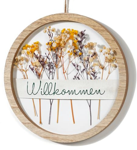 JUJOYBD Runder Türkranz mit Trockenblumen, Willkommen Schild, 26 cm, Dekorativer Kranz mit Holzrahmen, Boho Wanddeko zum Aufhängen für Haustür Wohnzimmer Fenster