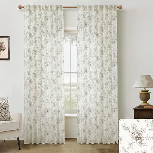 Lino Rosa Farmhouse Curtains for Living Room,Brown Linen Vintage Floral Patterned Rustic Farm House Sheer Summer Curtains 84 Inch Length 2 Panels Set