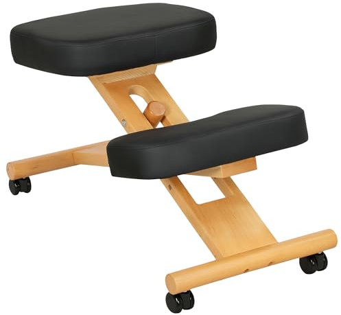 HOMCOM Ergonomischer Kniestuhl mit einstellbarer Höhe, Ergonomischer Haltungsstuhl für Büro und Zuhause, Ergonomischer Kniestuhl aus Holz mit Rollen, Schwarz