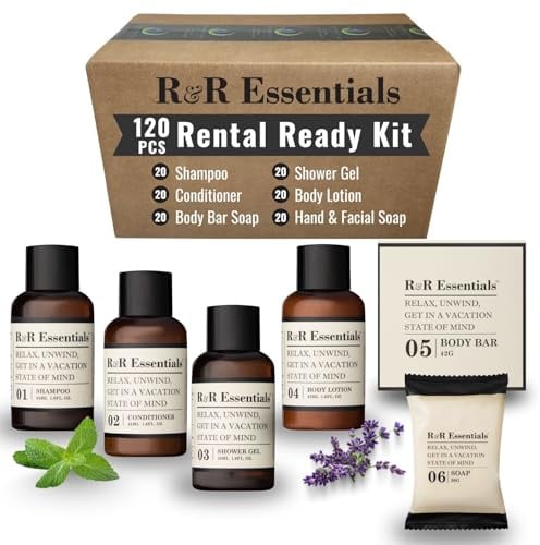 R&R Essentials Hotelseifen und Toilettenartikel, Set für Ferienwohnungen, 42,5 g, Shampoo, Conditioner, Duschgel, Lotion und 2 Seifen, Reisegröße (120 Stück)