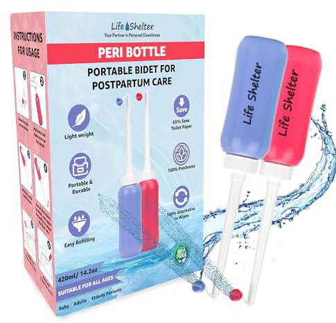 Life Shelter 2Pcs Portable Bidet - 420ml Peri Bottle for Postpartum Care, Camping & Personal Hygiene - Upside Down Handheld Perineal Wash Bottle - Blue & Pink Set with Storage Bag