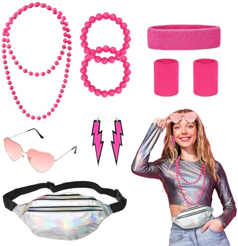 Déguisement Année 80 Femme/Kit Déguisement des Années 80/Années 80 Ensemble avec Sac Banane/Jambières, Bandeau, Bracelets, Boucles d'oreilles et Lunettes pour Années 80s 90s Disco Costume