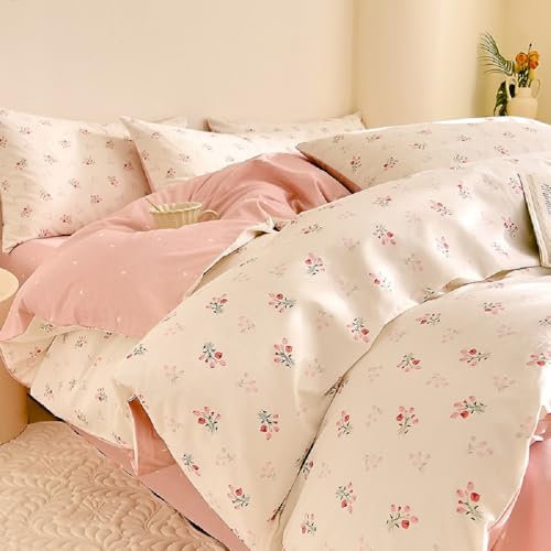 Lanqinglv Bettwäsche 135x200 Rosa Weiß Tulpen Blumenmuster Bettwäsche Aesthetic aus Microfaser,Herzen ÖKO-TEX Bettwäsche Set - Bettbezug mit Reißverschluss und 1 Kissenbezug 80x80 cm