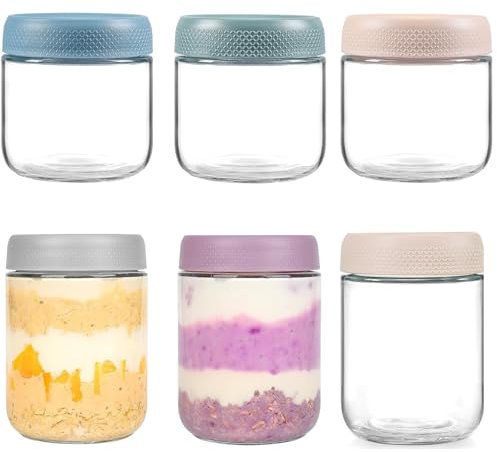 Overnight Oats Jar, 6 Pcs Mason Jar en Verre Hermétique avec Couvercles, Réutilisables Bocaux Verre Multifonctionnel pour Yaourt, Pudding, Porridge, L'Avoine, Confitures, Salade (3*300ml & 3*500ml)
