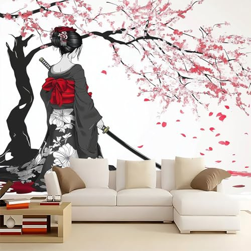 Tapete 3D Fototapete Anime Geisha Blumenbaum 200x140 cm Vliestapete Wandtapete Wandbilder 3D Druck Foto Tapeten für Wohnzimmer Schlafzimmer Vlies Tapete Motivtapeten