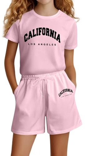 Generisch Vêtements de sport pour fille - Ensemble t-shirt et short - 2 pièces - Confortable et respirant - Survêtement d'été - Survêtement de jogging - Ensemble de sport pour enfants de 4 à 14 ans