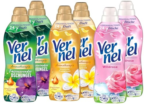 Vernel 6x Set – 2x Faszinierender Dschungel, 2x Sinnliche Frangipani, 2x Wildrose – Weichspüler für langanhaltenden Duft & gepflegte Wäsche