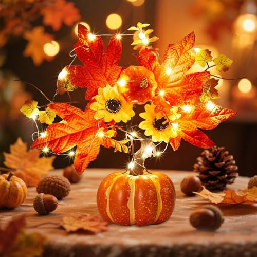 Herbstdeko Kürbis Baum mit LED Lichterkette (C) | 20 LEDs Kürbis Baum Herbst Dekoration Lichterkette, Künstliche Lichterbaum mit Ahornblätter für Thanksgiving Herbst Tischdeko