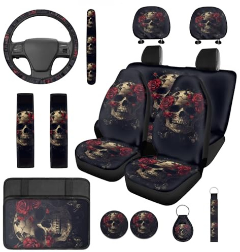 TOADDMOS Autositzbezüge mit Totenkopf-Rosen, 14 Stück, mit Auto-Sicherheitsgurtpolster, Lenkradbezug, Auto-Mittelkonsole, Kopfstützenbezüge für Autos, rutschfest, für die meisten Autos