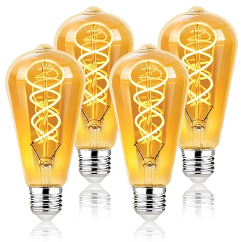 KEJIYILT E27 LED Vintage Dimmbar Edison Glühbirnen, 4 Stück Warmweiß 2200K, 4W 230Lm, Rauchglas, Gewundene LED-Filament, Ø6x14CM, Retro Industrial Dekorative Beleuchtung (ST64-Gold)