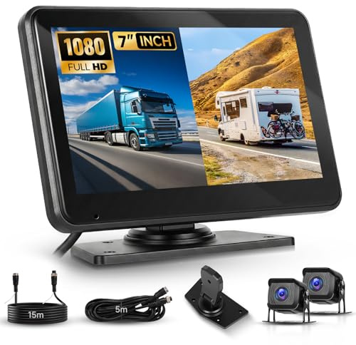VECHTEL Monitor per auto IPS 7'' con 2 Telecamere, Kit Telecamera Posteriore con DVR Impermeabile IP68 Visione Notturna Supergrandangolo Linea di Retromarcia, Cavo da 5M/15M, 9-32V per Camper Camion