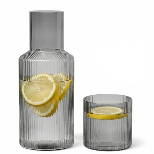 Bedside Carafe and Glass Set, Use Tumbler as Lid Night Table Water Carafe, Classic Vertical-Striped 33.8oz Glass Pitcher with 11.8oz Tumbler Lid for Nightstand, Mouthwash (Smoke Grey)