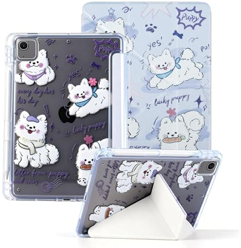 MokaZii Kawaii-Hülle für iPad Pro 11 M2/M1, iPad Pro 4./3./2. Generation 11 (2022/2021/2020), Origami Magnetische Y Ständer, Süße Welpe Schutzhülle, mit Wachen Stifthalter - Lila Welpe