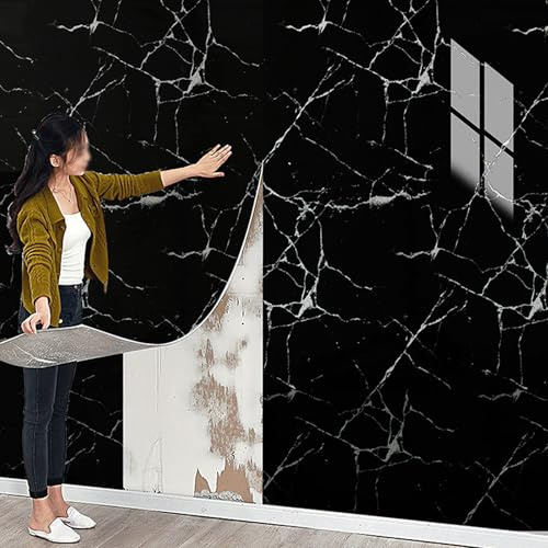 Cathpetic Black Marble Self Adhesive Wallpaper Peel and Stick Wall Panels 40 * 300cm 3 Roll,Thick Waterproof Insulating Wallpaper PVC Stick on Wall for Kitchen,Living Room,Bedroom,Ceilings,Bathroom