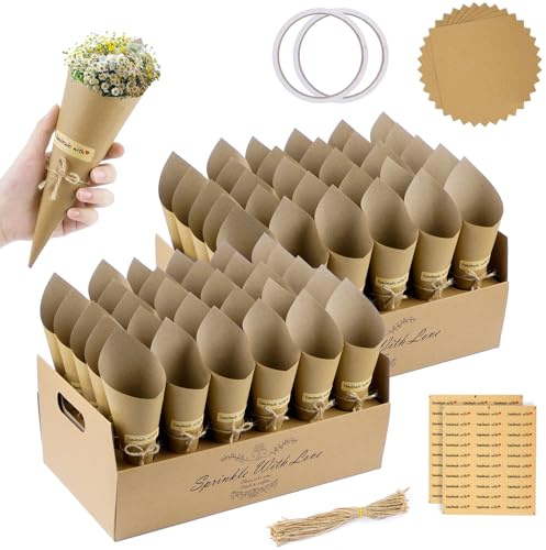 KORVORIA 60 Pezzi Coni Riso Matrimonio con 2 Porta Confetti per Confettate, Kit Coni Portaconfetti Carta Kraft Fai da Te, Scatoline per Lancio Riso, Battesimo e Comunione