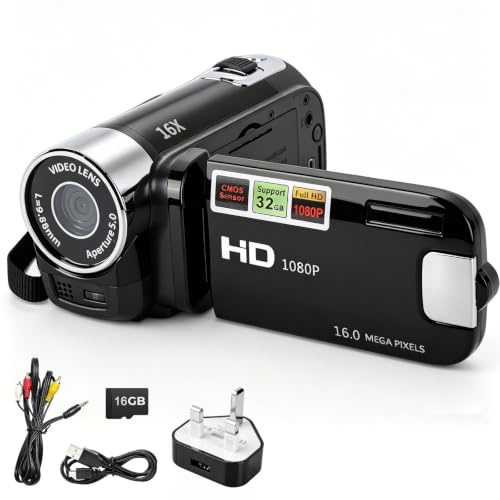 Camcorder Video Camera with 16GB SD Card, 1080P Digital Camcorder 16MP, 2.7 270° Rotating Screen, 16X Digital Zoom, Built-in LED Fill Light, USB Rechargeable Video Camera for Beginners, Kids & Travel