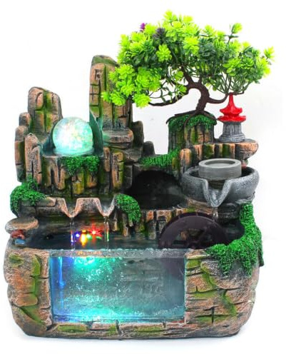 Zimmerbrunnen Stein Cascades mit LED Beleuchtung 30 x 20 x 30 cm | Kunstharz Handbemalt, LED Beleuchtung & Nebelfunktion, Leise Tauchpumpe, Simulierte Kiefer & Pavillon