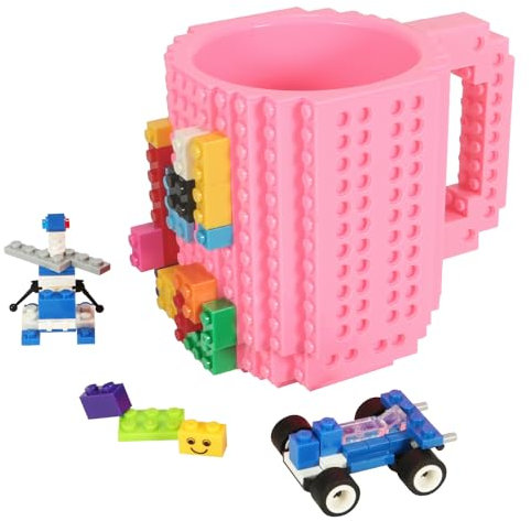 Lumsburry Build-on Brick Coffee Mug, Funny DIY Novelty Cup with Building Blocks Creative Gift for Kids Men Women Xmas Birthday (Pink)