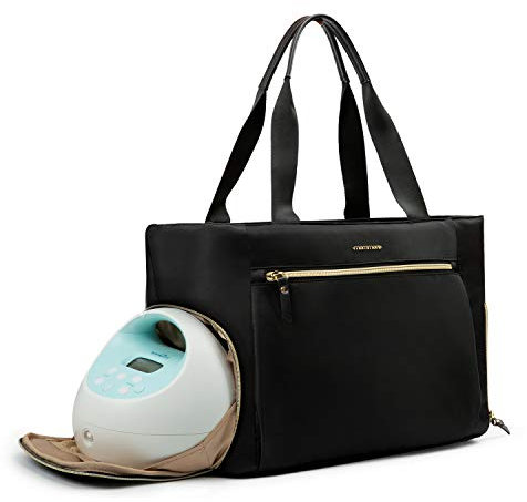 mommore Breast Pump Bag Diaper Tote Bag with 15 Inch Laptop Sleeve Fit Most Breast Pumps Like Medela, Spectra S1,S2, Evenflo, Black, 1 Count (Pack of 1), Breast Pump Tote Bag