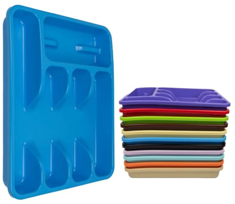 ECO Plastic Large Cutlery Drawer Organiser | 6 Compartment Cutlery Tray for Drawers | Multi Color Cutlery Trays for Kitchen Drawers | Kitchen Drawer Organiser for Forks, Spoons & Knives (Blue)