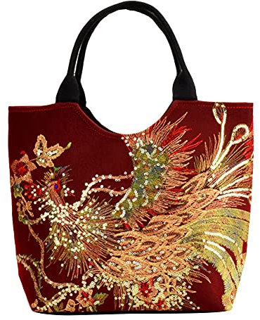 Damen Chic Handtasche Umhängetaschen Ethnisch Pfau mit Pailletten bestickt Doppelseitig Handtasche Tote Schultertasche Handgefertigt mit Blumen Einkaufs Tasche aus Canvas rot one size
