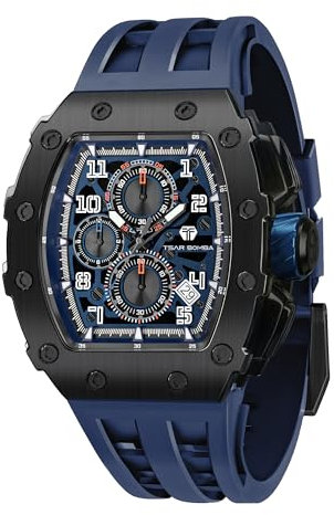 TSAR BOMBA Herren Uhr Tonneau Chronograph 50M Wasserdichter Luxus Skelett Daydate Armbanduhr Stilvolles Cool Tauchen Sport Männer Uhren Japanisches Quarzwerk Saphirglas Geschenk für Männer